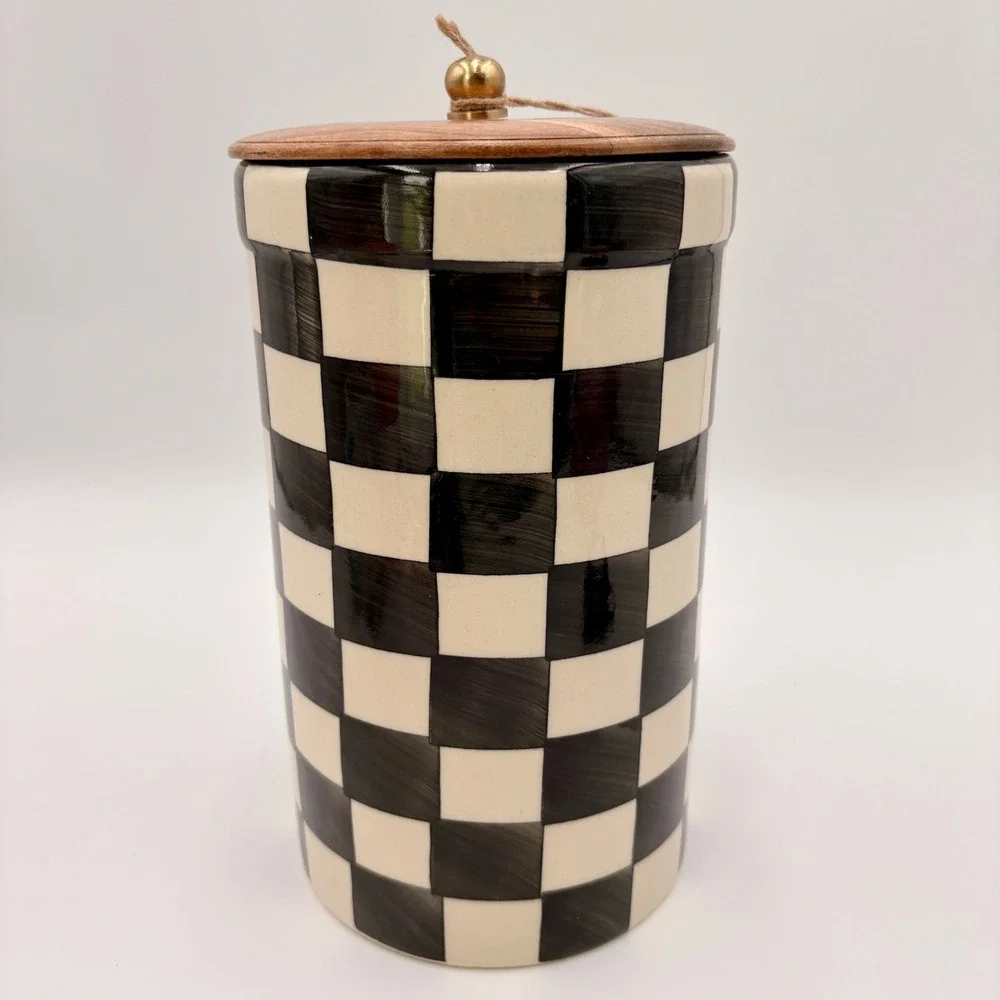 Hand Painted Checkered Ceramic Canister Wood Lid Extra Large Tall Made in India